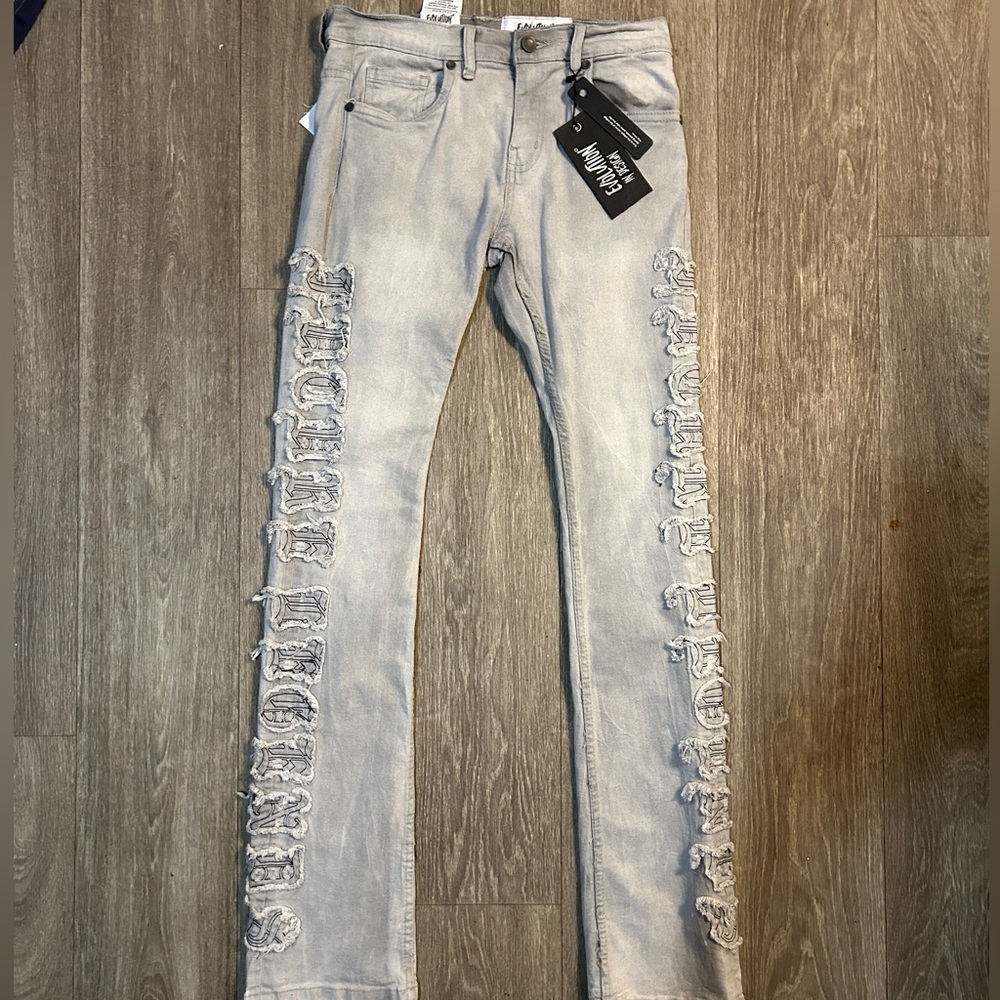 Boy’s Light Gray Stacked Jeans with Distressed Detailing